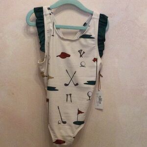 Golf Print One-Piece Swimsuit with Green Ruffle Straps